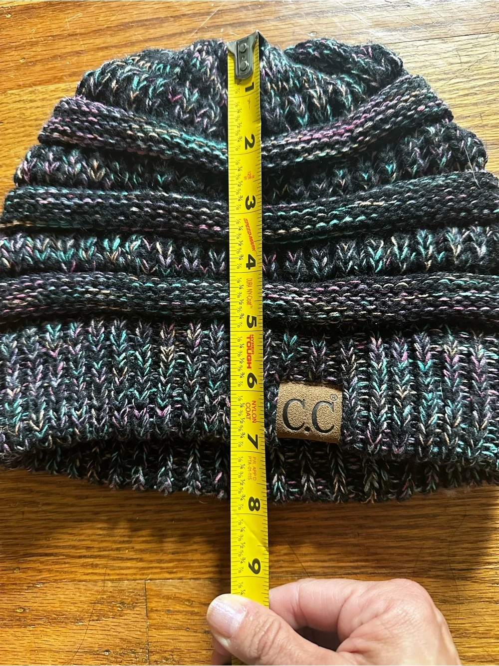C.C Black Knit Beanie with Teal and Purple Thread Accents